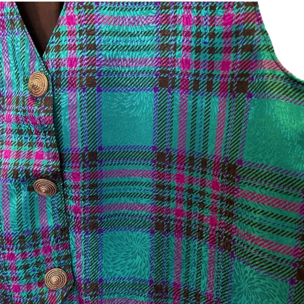 Vintage 80s plaid button front vest teal purple one size - Picture 4 of 8